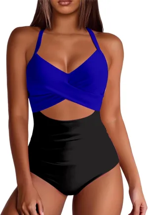 Womens One Piece Swimsuits Waisted Cross Tummy Control Cutout High Waisted Bathing Suit Straps Pad Swimwear