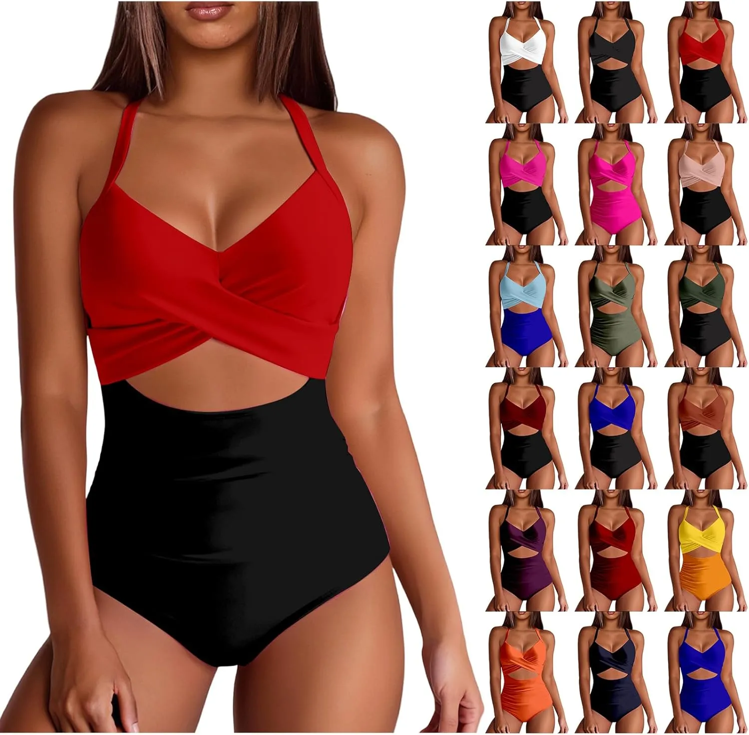 Womens One Piece Swimsuits Waisted Cross Tummy Control Cutout High Waisted Bathing Suit Straps Pad Swimwear