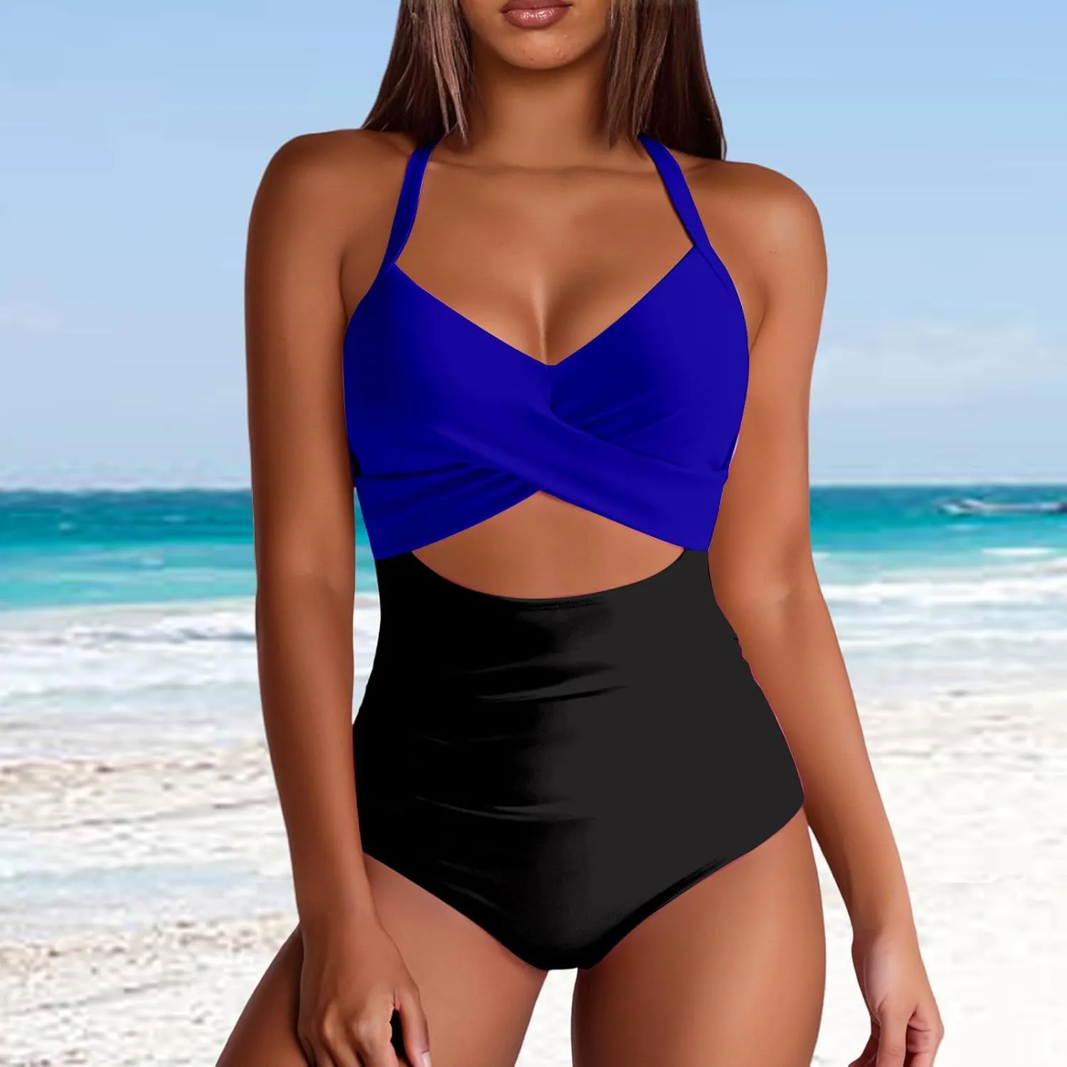Womens One Piece Swimsuits Waisted Cross Tummy Control Cutout High Waisted Bathing Suit Straps Pad Swimwear