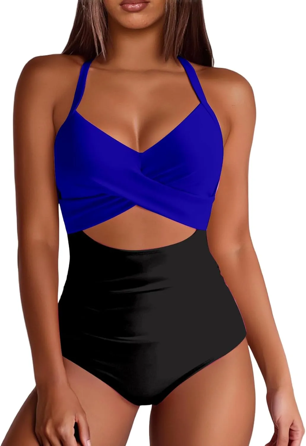 Womens One Piece Swimsuits Waisted Cross Tummy Control Cutout High Waisted Bathing Suit Straps Pad Swimwear