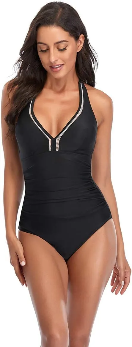Women's One Piece Swimsuit,Tummy Control V Neck Bathing Suits,Backless Swimwear Slimming Swimwear