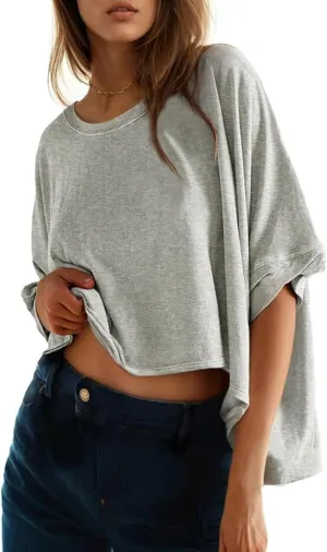 Womens Oversized Cotton Crop Tops Casual Basic Gym Workout Running T-Shirts