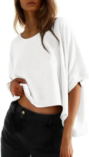 Womens Oversized Cotton Crop Tops Casual Basic Gym Workout Running T-Shirts