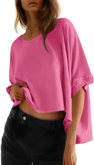 Womens Oversized Cotton Crop Tops Casual Basic Gym Workout Running T-Shirts