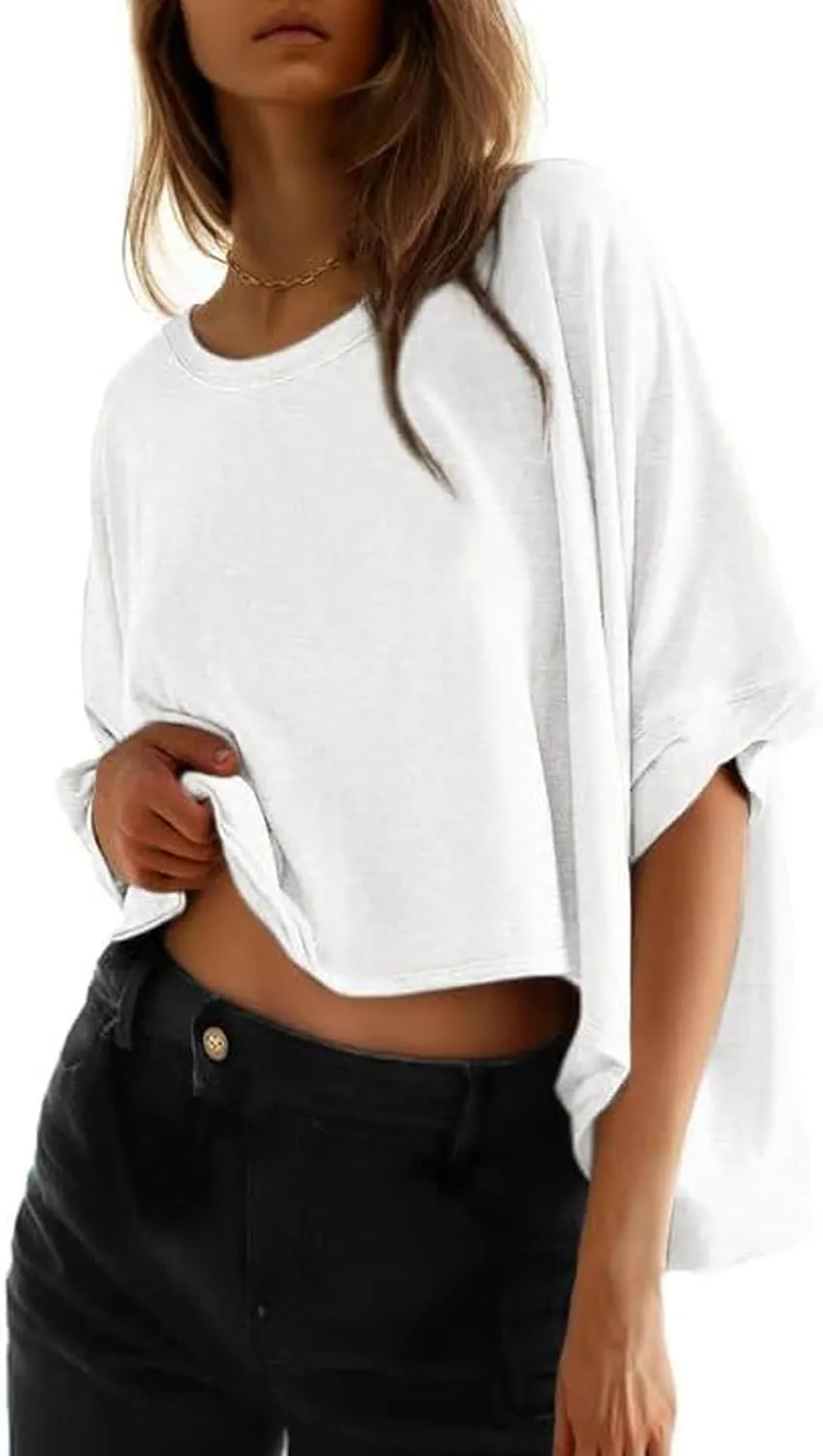 Womens Oversized Cotton Crop Tops Casual Basic Gym Workout Running T-Shirts