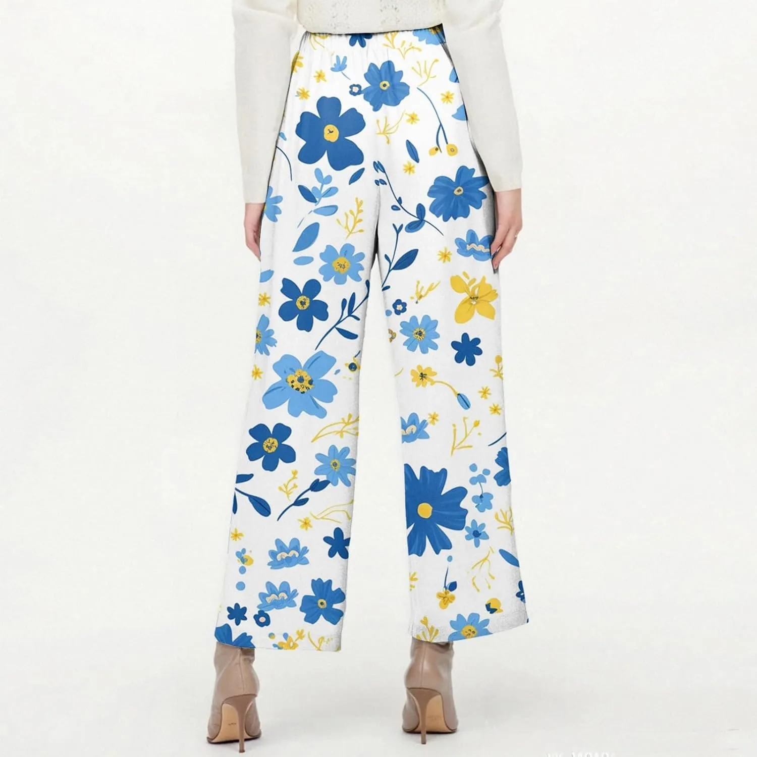 Womens Pants Casual Boho Floral Print Cotton Linen Pants Elastic Waisted Summer Beach Vacation Trouser with Pockets