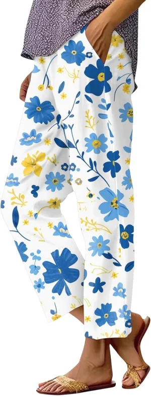 Womens Pants Casual Boho Floral Print Cotton Linen Pants Elastic Waisted Summer Beach Vacation Trouser with Pockets
