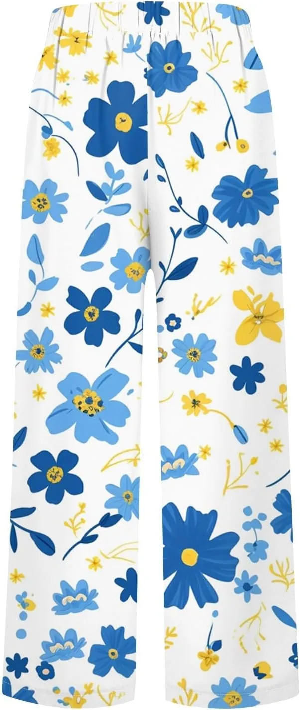 Womens Pants Casual Boho Floral Print Cotton Linen Pants Elastic Waisted Summer Beach Vacation Trouser with Pockets