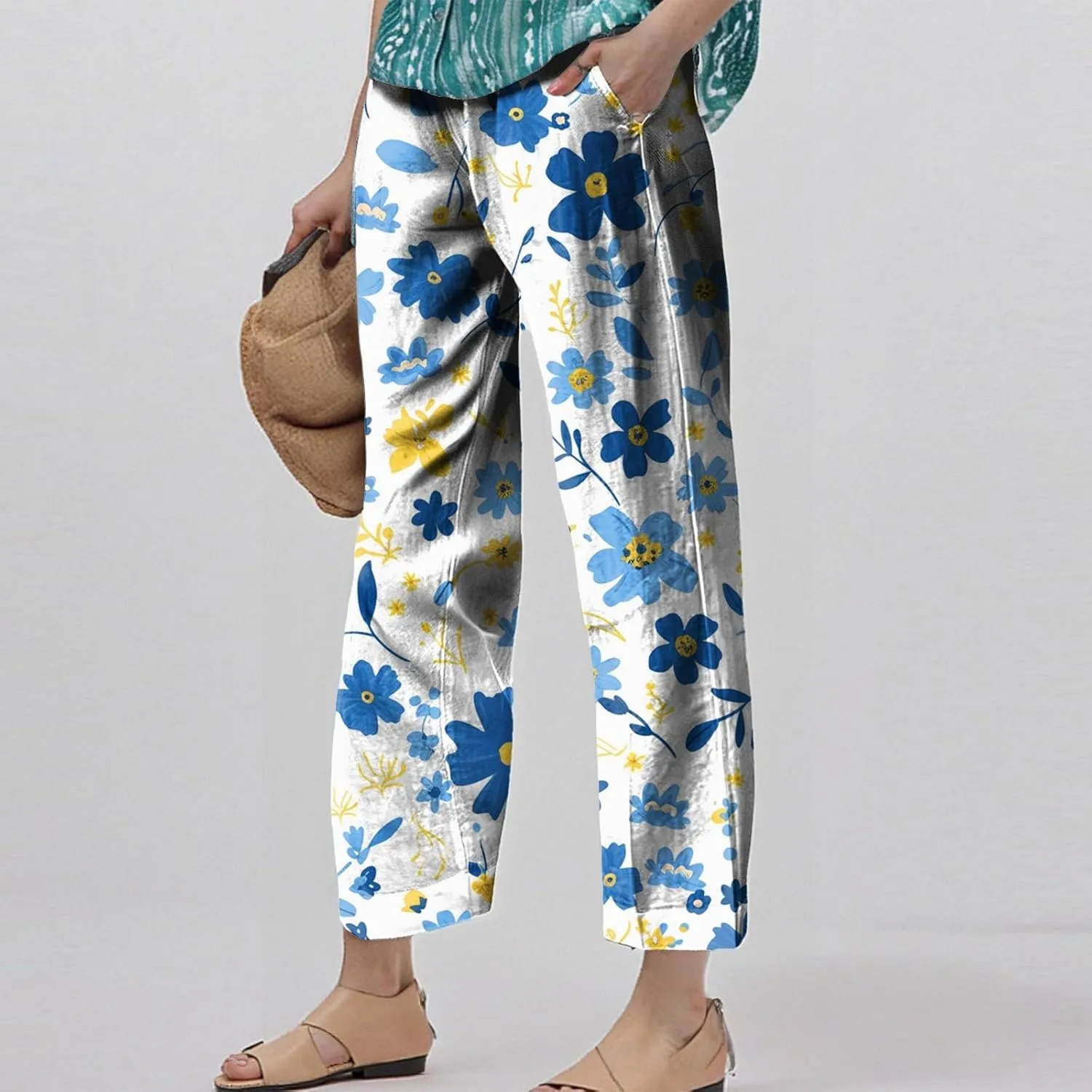 Womens Pants Casual Boho Floral Print Cotton Linen Pants Elastic Waisted Summer Beach Vacation Trouser with Pockets
