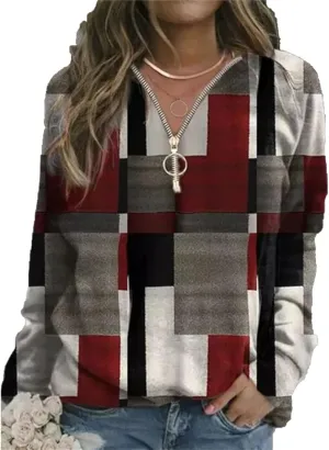 Women's Plaid 1/4 Zipper Sweater Pullover Quarter Zip Long Sleeve Soft Sweatshirts Hoodies Outwear Coat