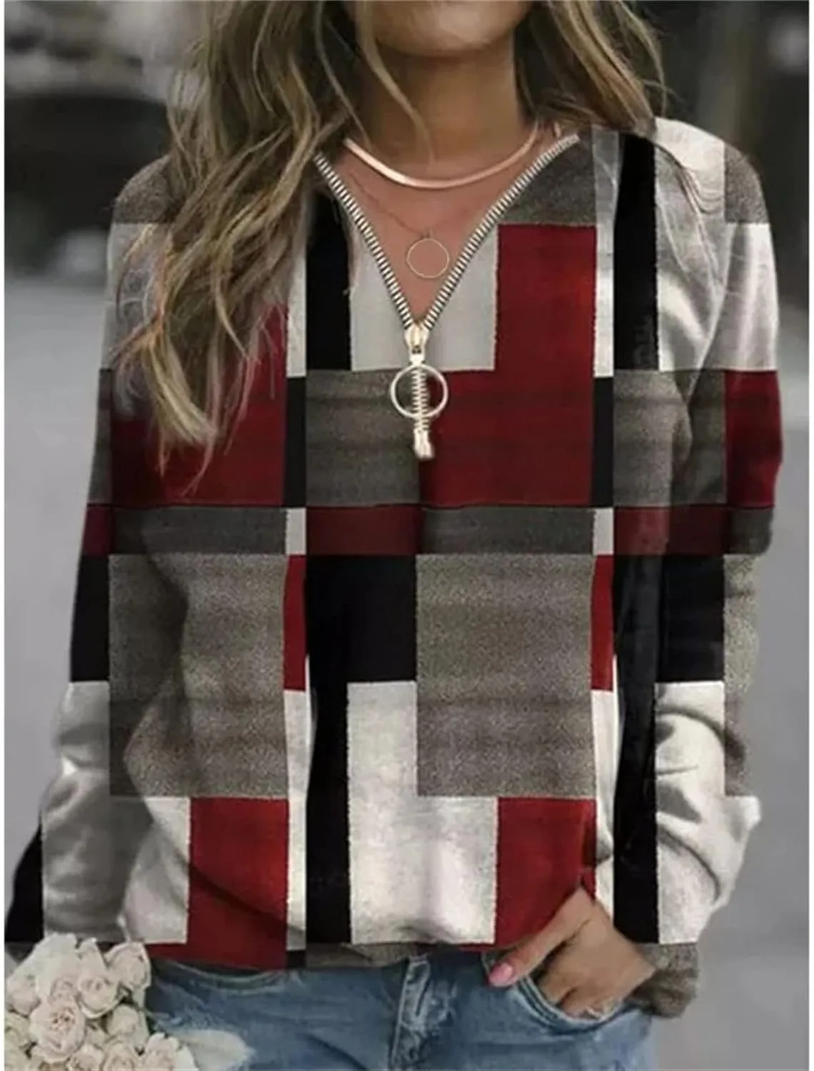 Women's Plaid 1/4 Zipper Sweater Pullover Quarter Zip Long Sleeve Soft Sweatshirts Hoodies Outwear Coat