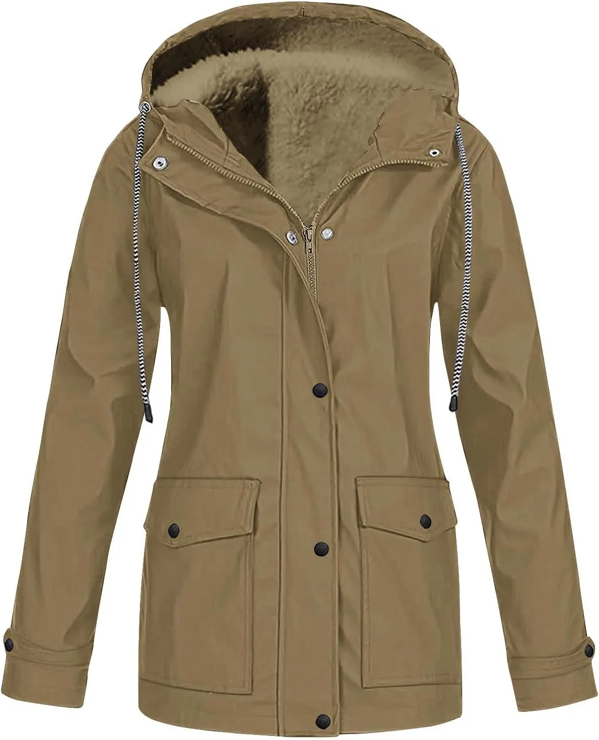 Womens Plus Size Raincoats Fleece Lined Waterproof Hooded Casual Drawstring Zip Up Lightweight Outdoor Rain Jacket