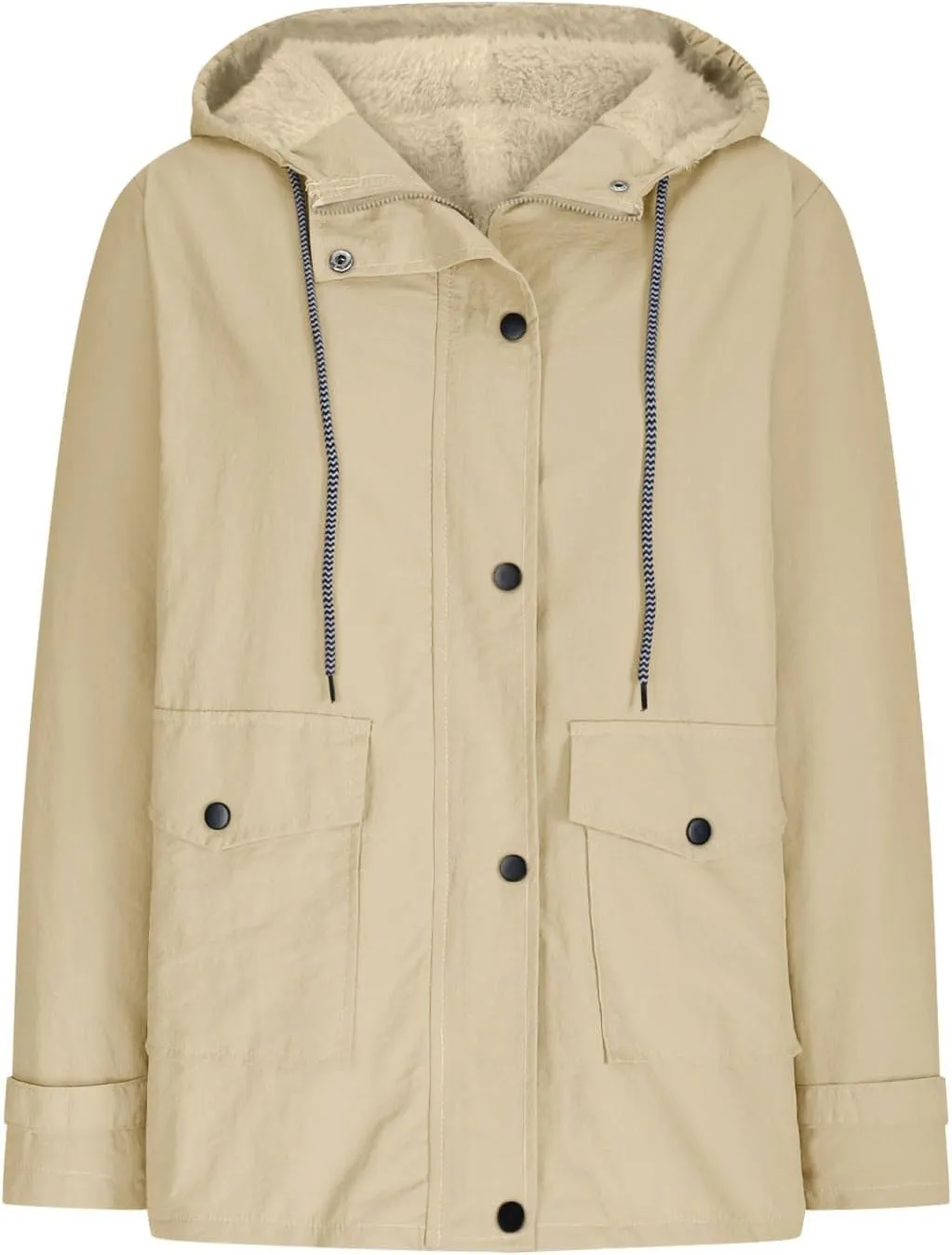 Womens Plus Size Raincoats Fleece Lined Waterproof Hooded Casual Drawstring Zip Up Lightweight Outdoor Rain Jacket