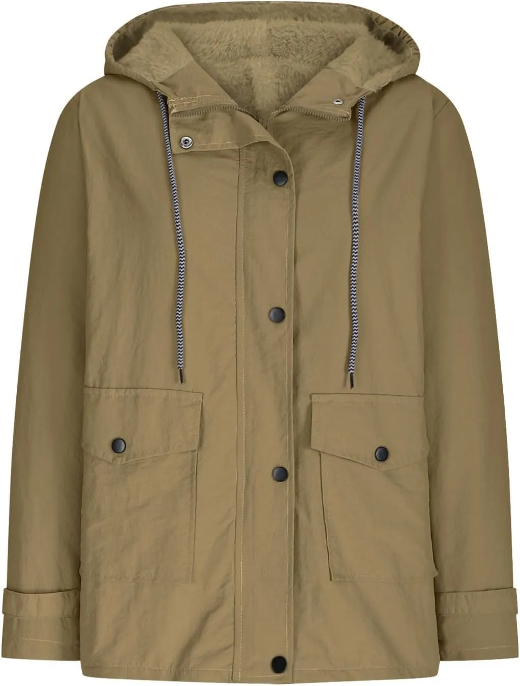 Womens Plus Size Raincoats Fleece Lined Waterproof Hooded Casual Drawstring Zip Up Lightweight Outdoor Rain Jacket