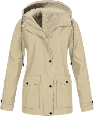 Womens Plus Size Raincoats Fleece Lined Waterproof Hooded Casual Drawstring Zip Up Lightweight Outdoor Rain Jacket