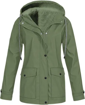 Womens Plus Size Raincoats Fleece Lined Waterproof Hooded Casual Drawstring Zip Up Lightweight Outdoor Rain Jacket