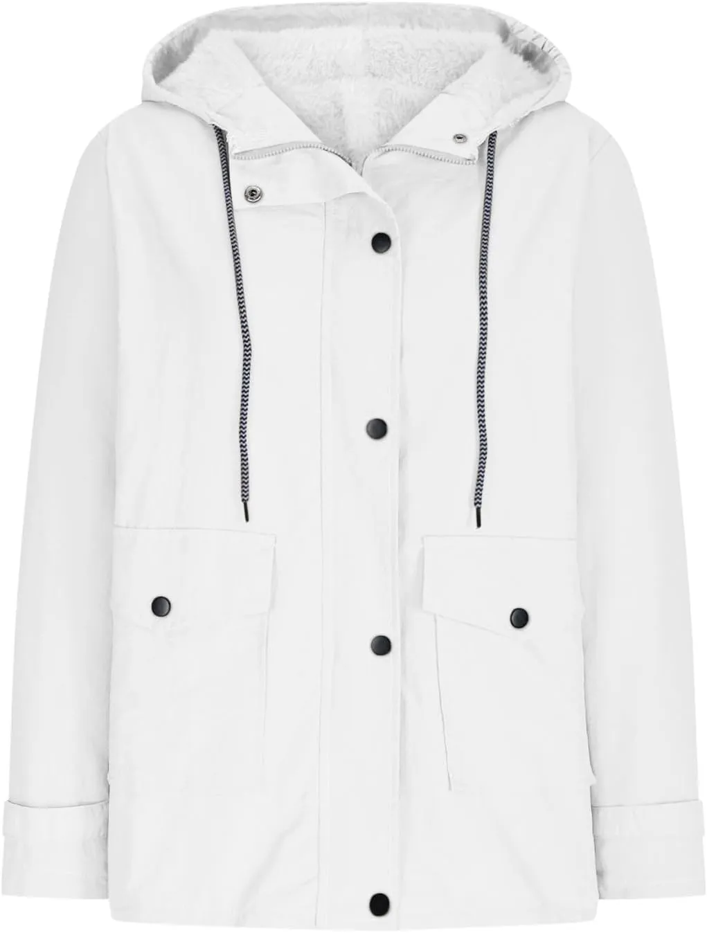 Womens Plus Size Raincoats Fleece Lined Waterproof Hooded Casual Drawstring Zip Up Lightweight Outdoor Rain Jacket