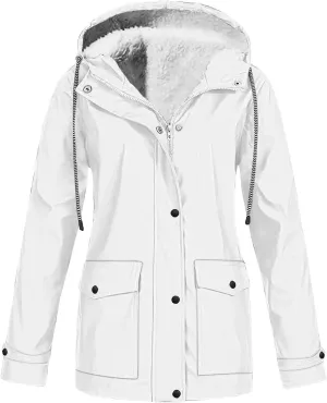 Womens Plus Size Raincoats Fleece Lined Waterproof Hooded Casual Drawstring Zip Up Lightweight Outdoor Rain Jacket