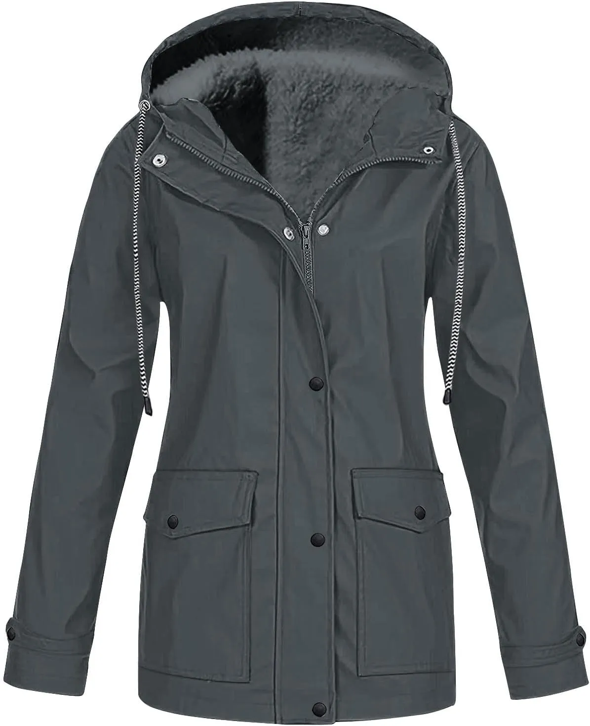 Womens Plus Size Raincoats Fleece Lined Waterproof Hooded Casual Drawstring Zip Up Lightweight Outdoor Rain Jacket