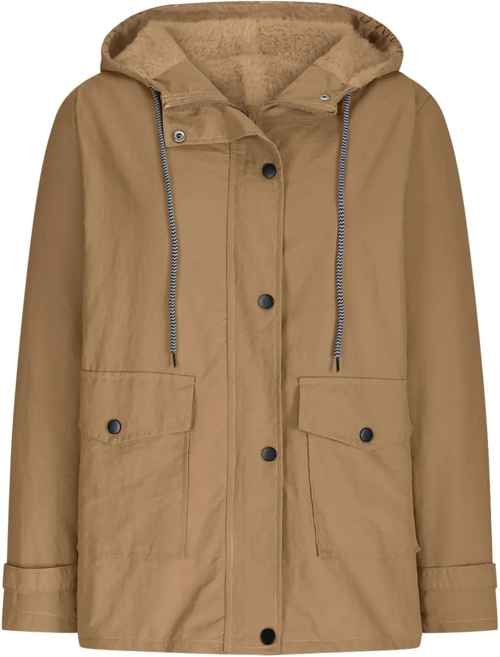 Womens Plus Size Raincoats Fleece Lined Waterproof Hooded Casual Drawstring Zip Up Lightweight Outdoor Rain Jacket