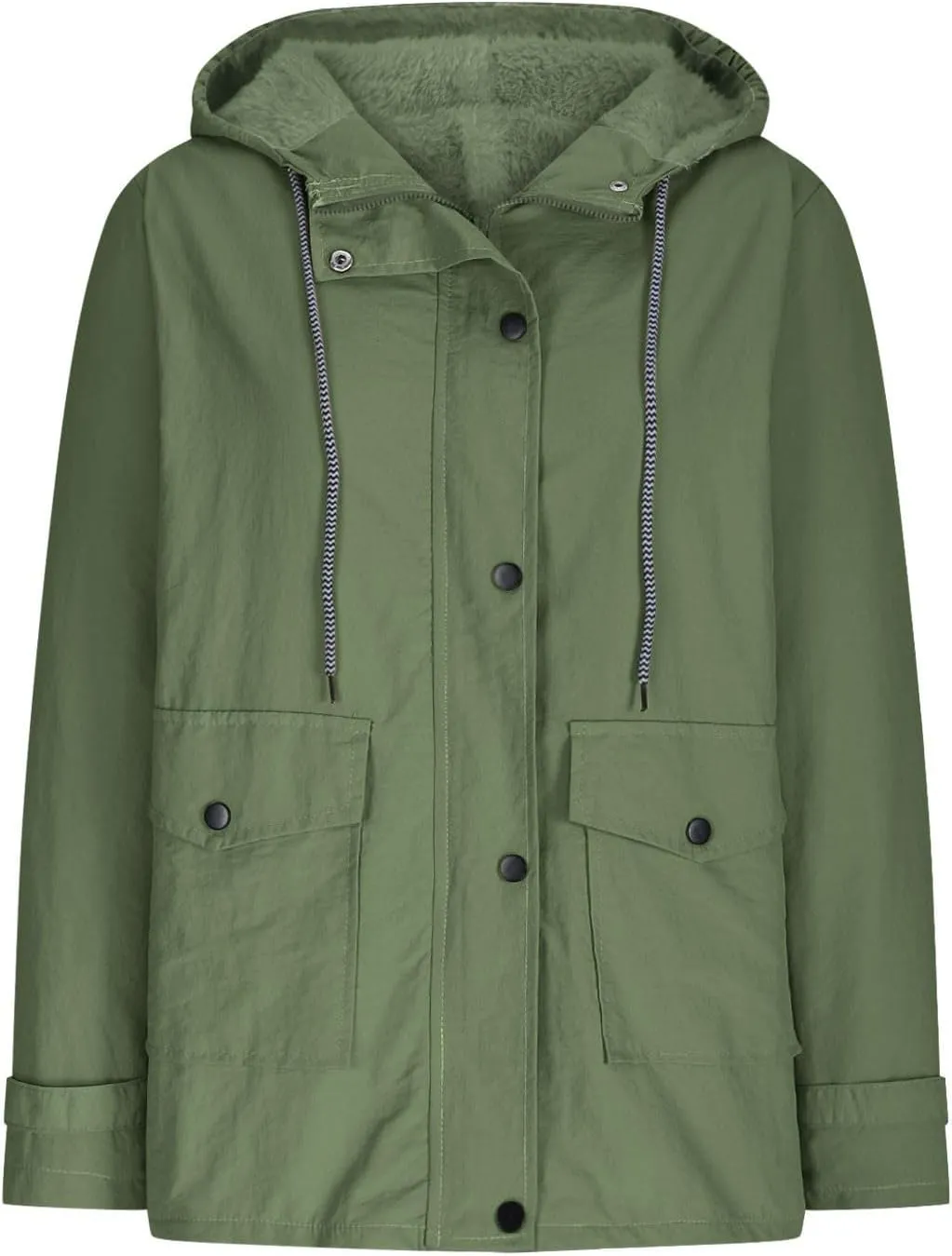 Womens Plus Size Raincoats Fleece Lined Waterproof Hooded Casual Drawstring Zip Up Lightweight Outdoor Rain Jacket