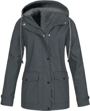 Womens Plus Size Raincoats Fleece Lined Waterproof Hooded Casual Drawstring Zip Up Lightweight Outdoor Rain Jacket