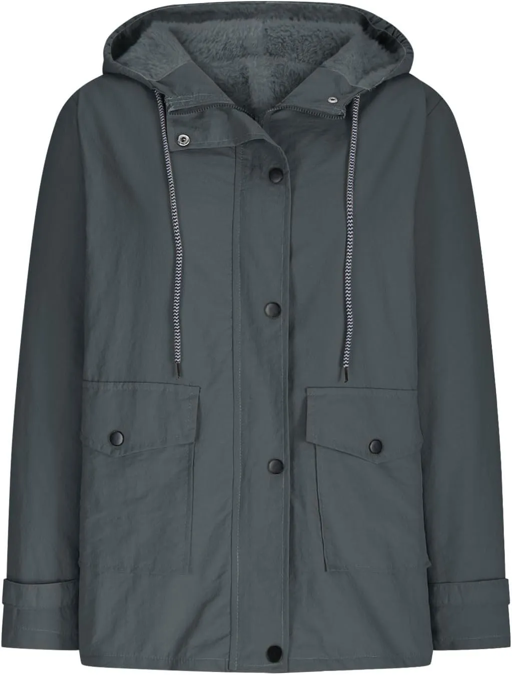 Womens Plus Size Raincoats Fleece Lined Waterproof Hooded Casual Drawstring Zip Up Lightweight Outdoor Rain Jacket