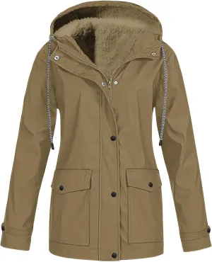 Womens Plus Size Raincoats Fleece Lined Waterproof Hooded Casual Drawstring Zip Up Lightweight Outdoor Rain Jacket