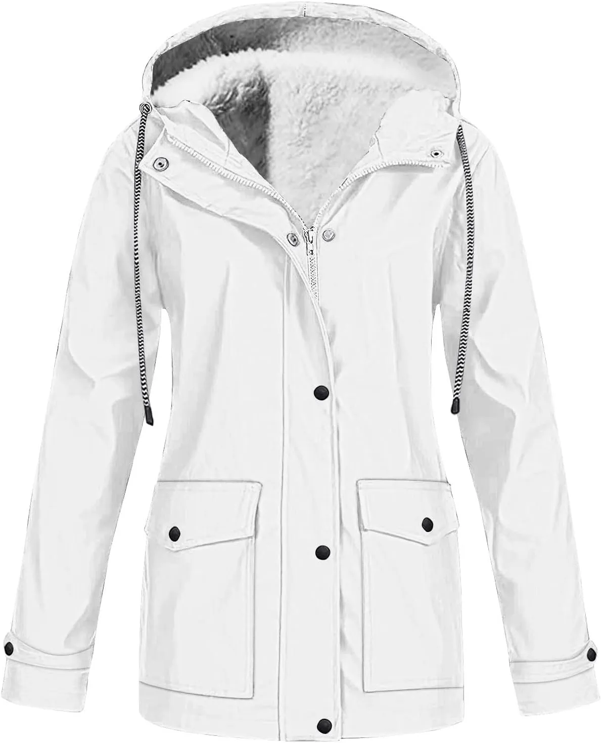 Womens Plus Size Raincoats Fleece Lined Waterproof Hooded Casual Drawstring Zip Up Lightweight Outdoor Rain Jacket