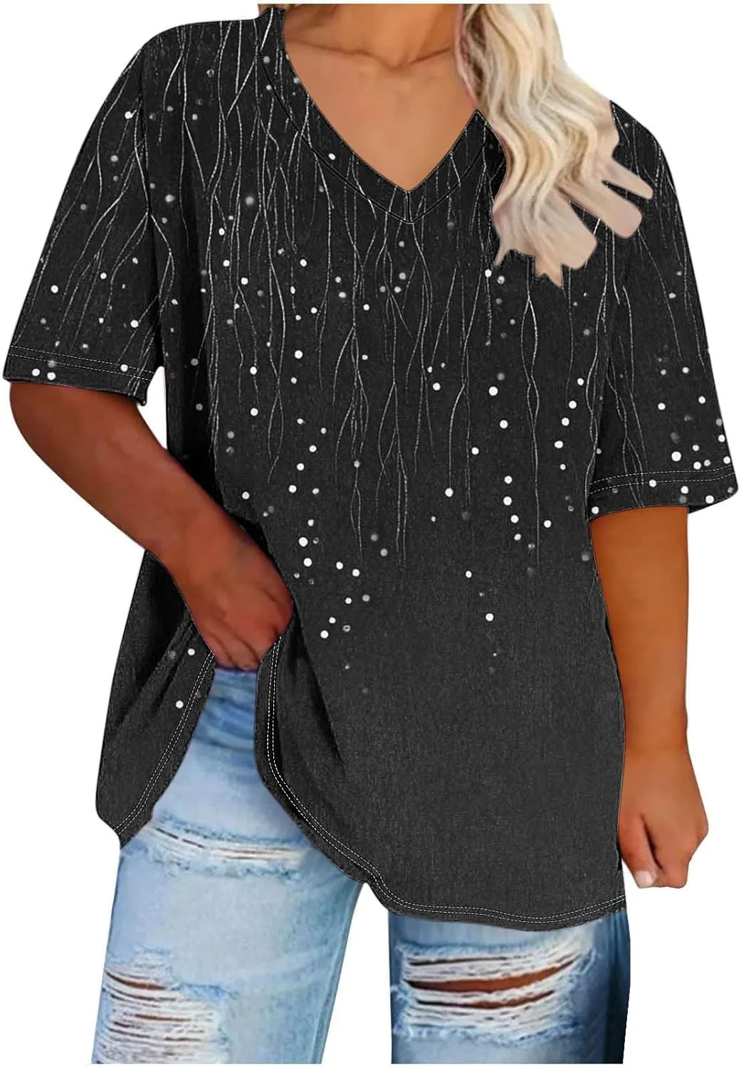 Womens Plus Size Tops Short Sleeve Tunic V-Neck Shirts Summer Casual Loose Blouse 3D Graphic Tees Tops