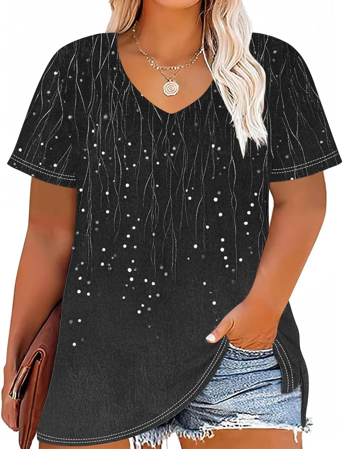 Womens Plus Size Tops Short Sleeve Tunic V-Neck Shirts Summer Casual Loose Blouse 3D Graphic Tees Tops