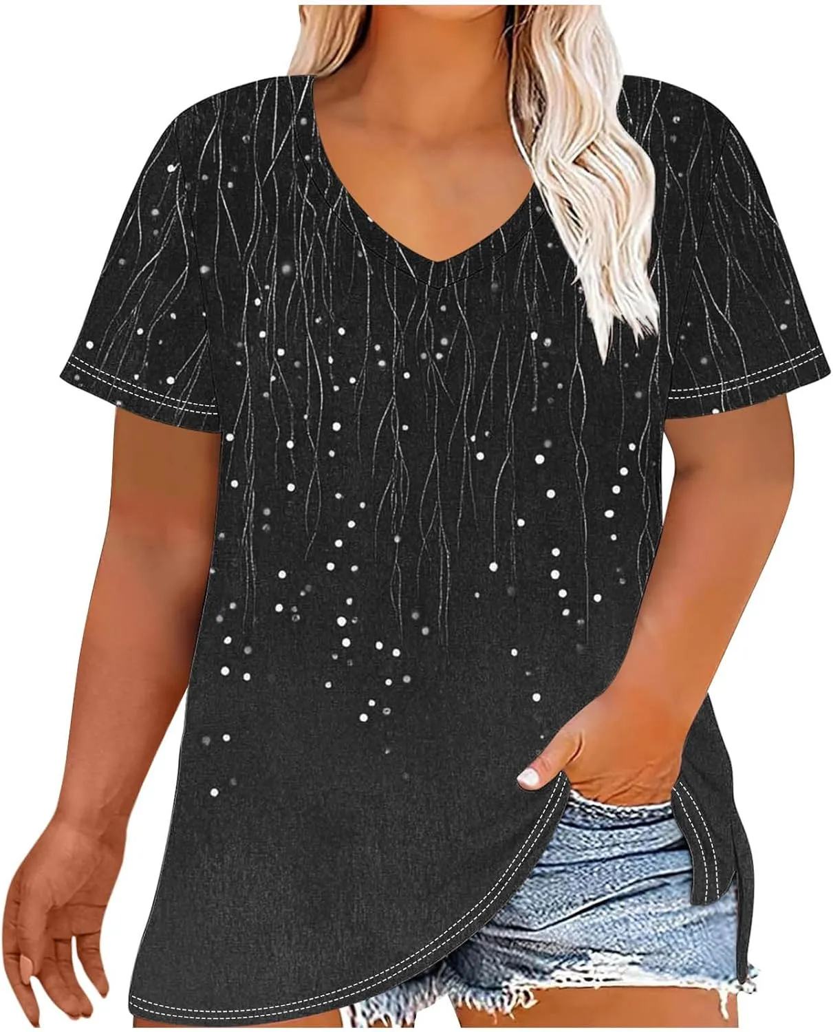 Womens Plus Size Tops Short Sleeve Tunic V-Neck Shirts Summer Casual Loose Blouse 3D Graphic Tees Tops