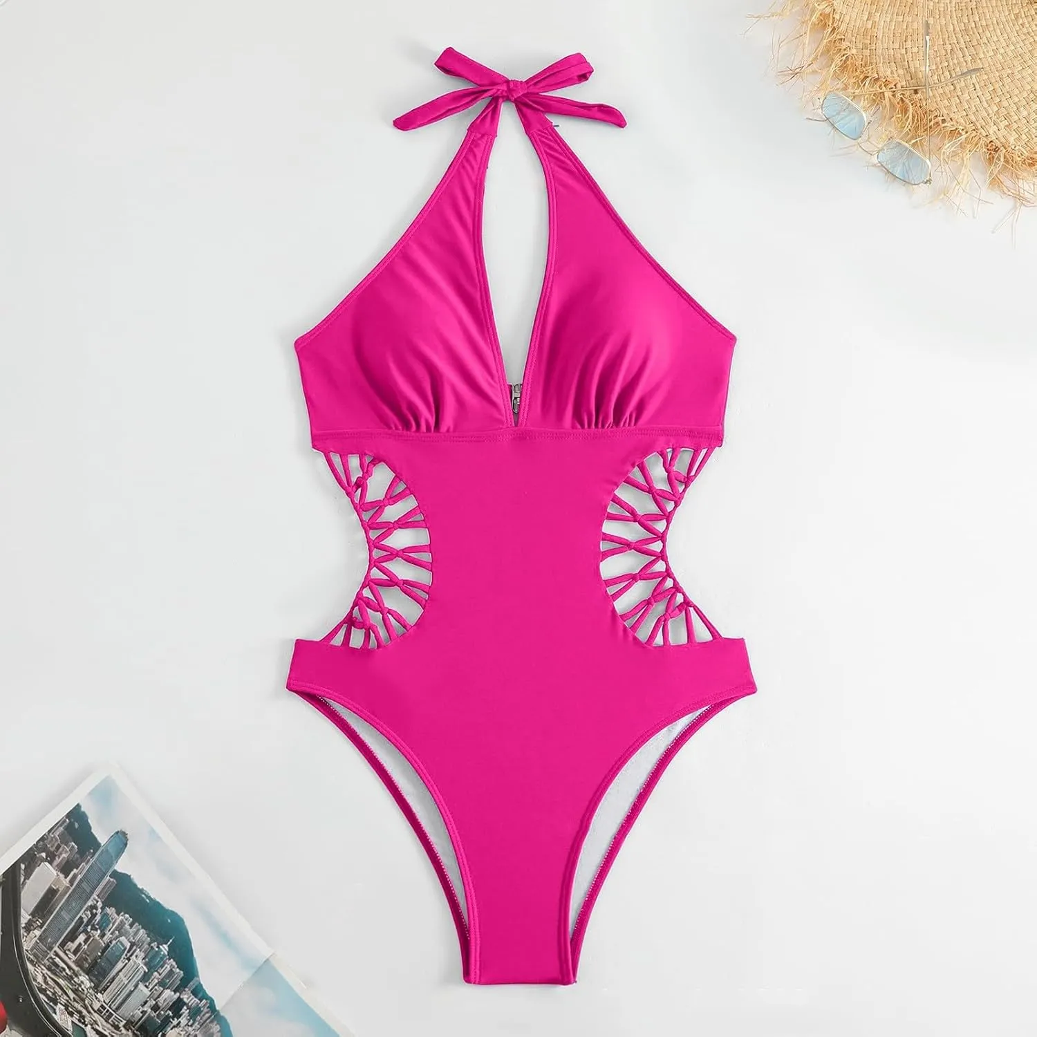 Women's Sexy Cutout One Piece Swimsuits Plunge High V Neck Halter Bathing Suits Cheeky Backless Monokini Swimwear