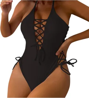 Women's Sexy One Piece Backless Swimsuits Sexy Deep V Neck Laced Up Adjustable Bathing Suits