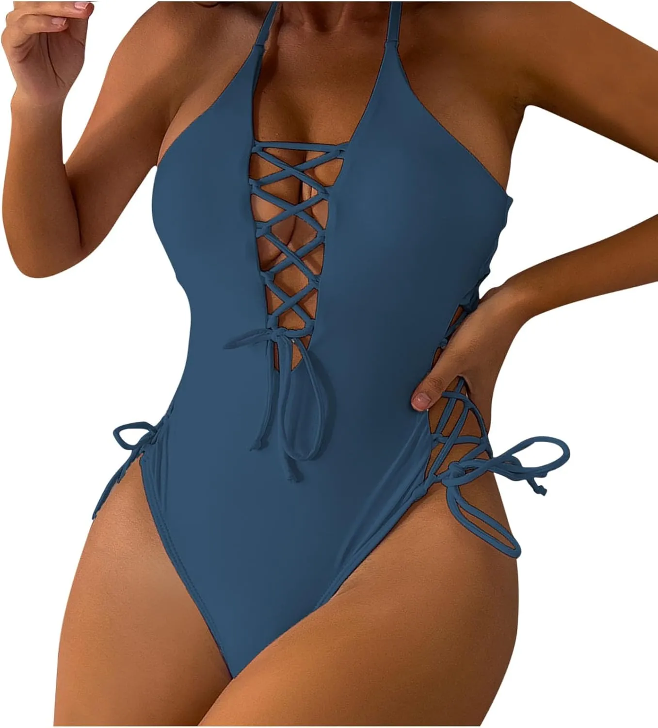 Women's Sexy One Piece Backless Swimsuits Sexy Deep V Neck Laced Up Adjustable Bathing Suits