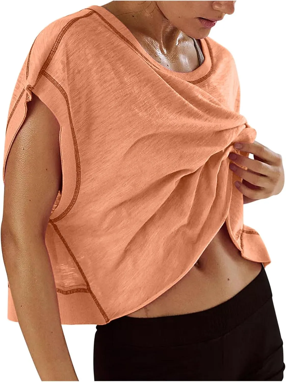 Women's Sexy Open Back Yoga Crop Tops - Cute Summer Crew Neck Athletic Running Shirts Loose Workout Short Sleeve Pullover
