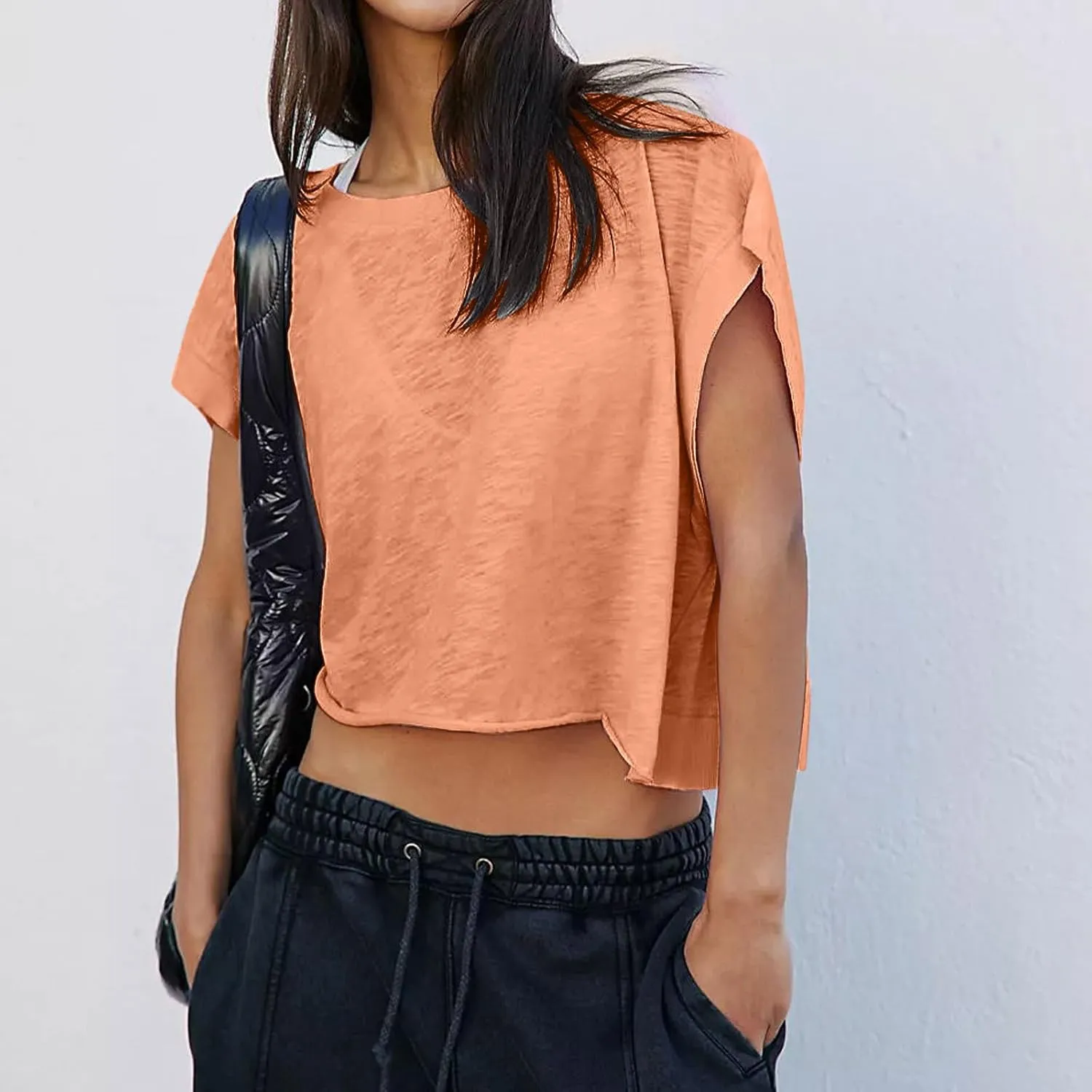 Women's Sexy Open Back Yoga Crop Tops - Cute Summer Crew Neck Athletic Running Shirts Loose Workout Short Sleeve Pullover