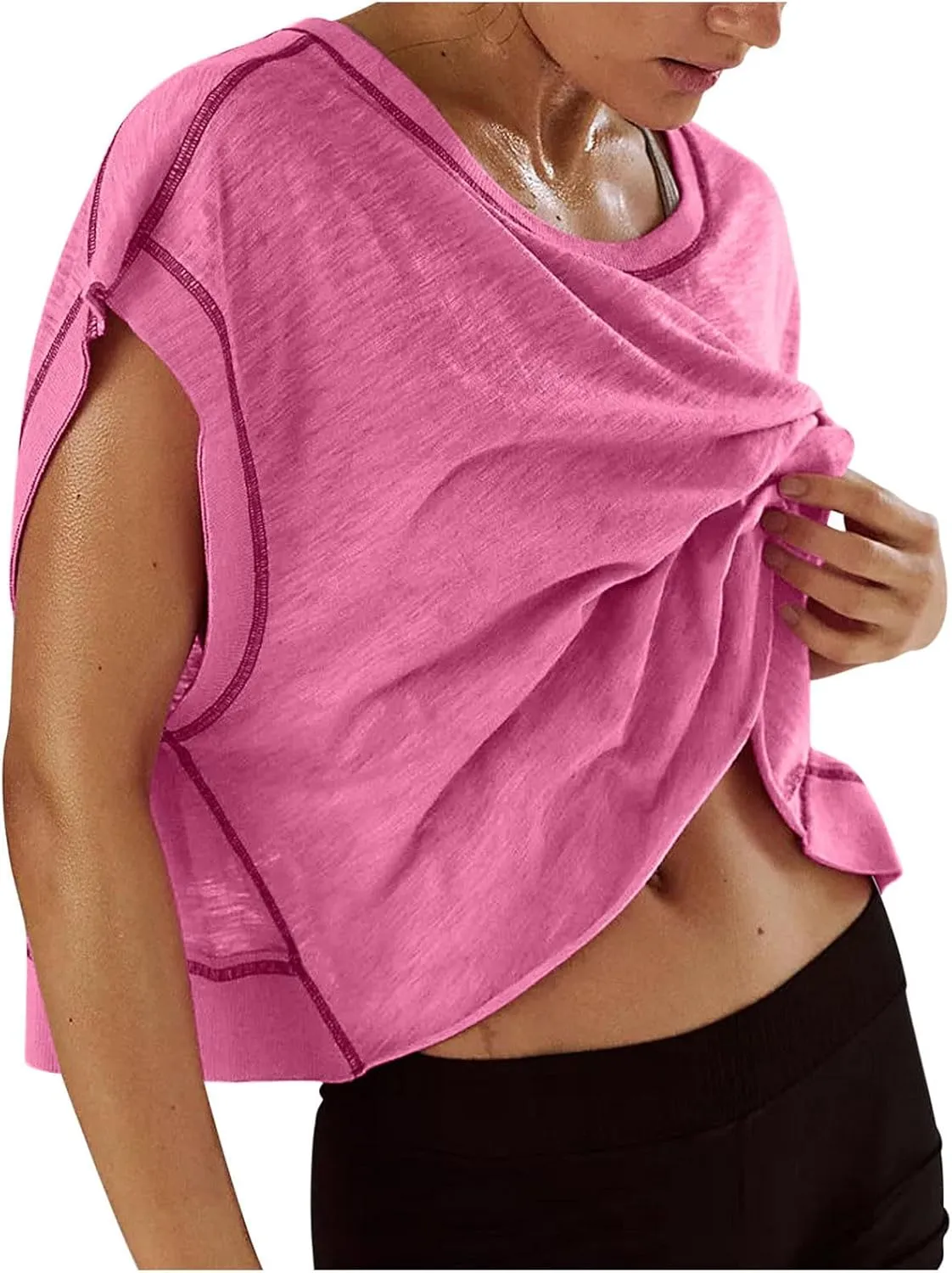 Women's Sexy Open Back Yoga Crop Tops - Cute Summer Crew Neck Athletic Running Shirts Loose Workout Short Sleeve Pullover