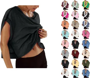 Women's Sexy Open Back Yoga Crop Tops - Cute Summer Crew Neck Athletic Running Shirts Loose Workout Short Sleeve Pullover