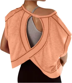 Women's Sexy Open Back Yoga Crop Tops - Cute Summer Crew Neck Athletic Running Shirts Loose Workout Short Sleeve Pullover