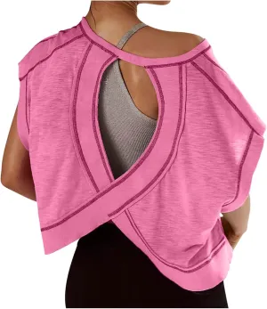 Women's Sexy Open Back Yoga Crop Tops - Cute Summer Crew Neck Athletic Running Shirts Loose Workout Short Sleeve Pullover
