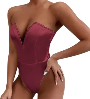 Women's Sexy V Neck Strapless Tube Top Bodysuits High Waist Thong Leotard Going Out Party Nightclub Clothing with Snap Cortch