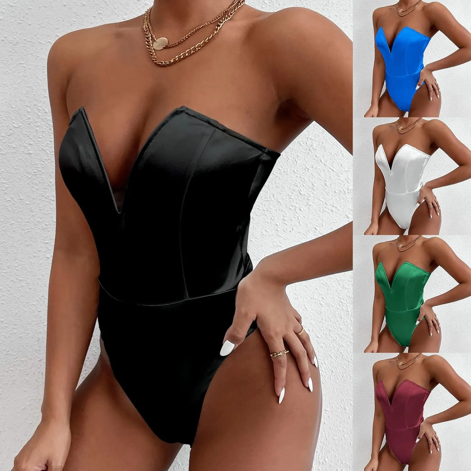 Women's Sexy V Neck Strapless Tube Top Bodysuits High Waist Thong Leotard Going Out Party Nightclub Clothing with Snap Cortch