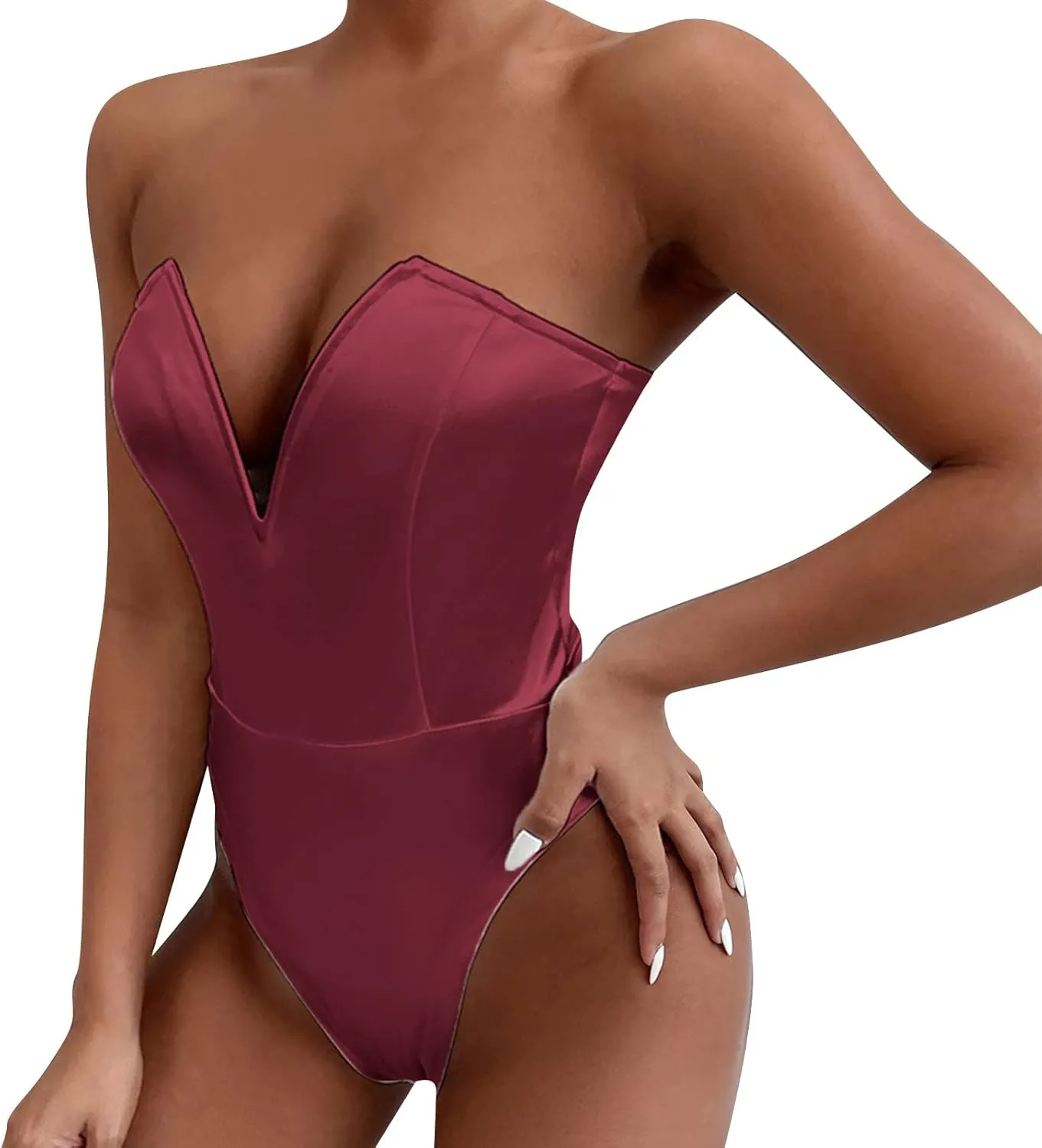 Women's Sexy V Neck Strapless Tube Top Bodysuits High Waist Thong Leotard Going Out Party Nightclub Clothing with Snap Cortch