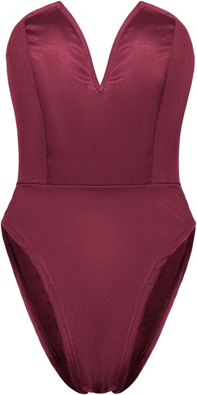 Women's Sexy V Neck Strapless Tube Top Bodysuits High Waist Thong Leotard Going Out Party Nightclub Clothing with Snap Cortch