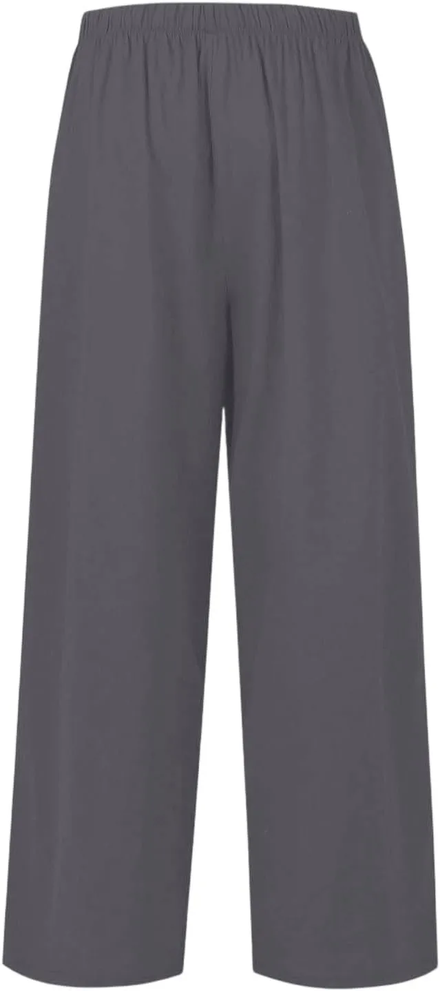 Women's Summer Elastic Waist Wide Leg Pants 2025 Solid Color Cotton Linen Lounge Flowy Long Trousers