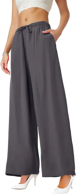 Women's Summer Elastic Waist Wide Leg Pants 2025 Solid Color Cotton Linen Lounge Flowy Long Trousers