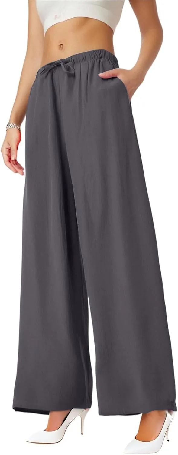 Women's Summer Elastic Waist Wide Leg Pants 2025 Solid Color Cotton Linen Lounge Flowy Long Trousers