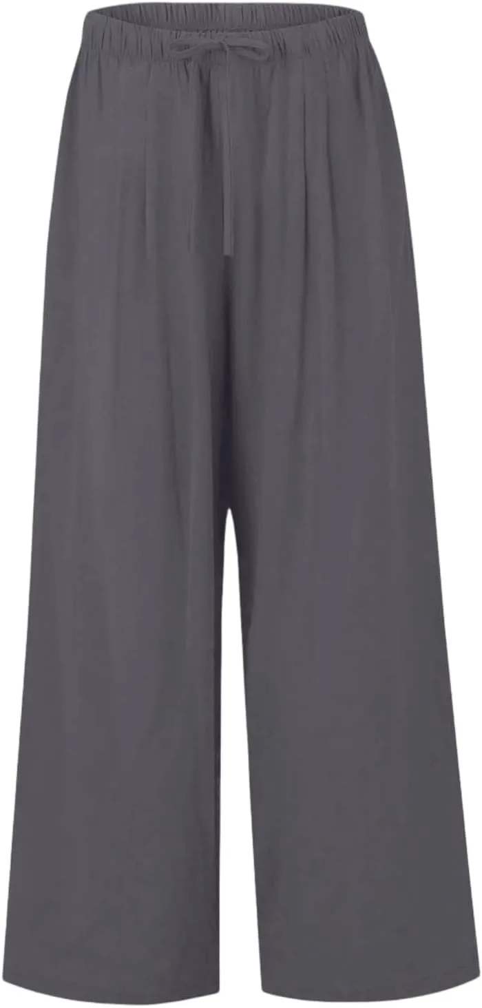 Women's Summer Elastic Waist Wide Leg Pants 2025 Solid Color Cotton Linen Lounge Flowy Long Trousers