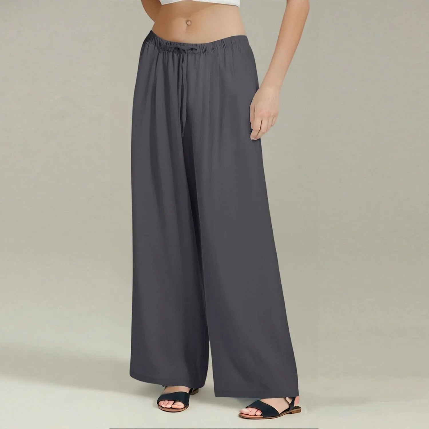 Women's Summer Elastic Waist Wide Leg Pants 2025 Solid Color Cotton Linen Lounge Flowy Long Trousers